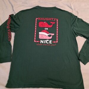 Vineyard Vines Christmas T-Shirt Mens L Naughty Or Nice‎ Long Sleeves Green Eve